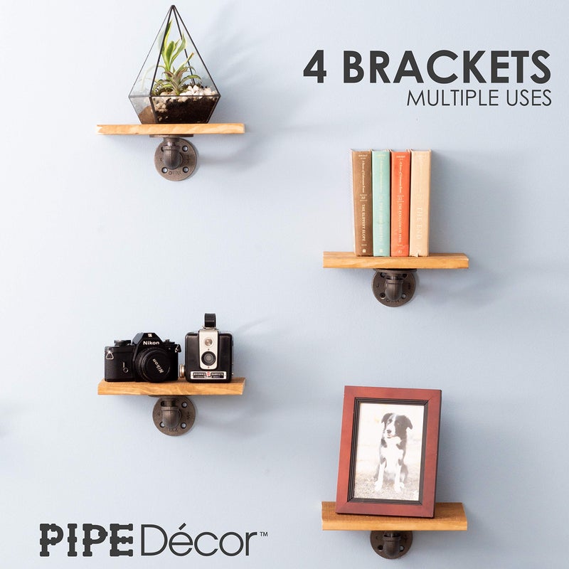 PIPE DECOR Industrial Pipe Shelf Brackets, 4 Inch, 4 Pack â€“ Wall Mounted Double Flange Floating Shelf Hardware, Rustic Vintage-Style Shelving Support Set - Image 3